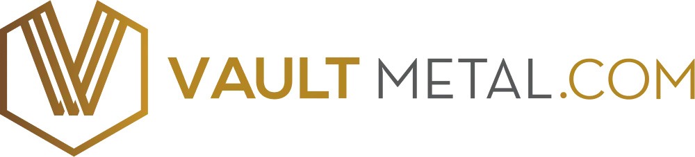 Logo of Vault Metal, featuring a gold and grey color scheme with a geometric design, representing a secure and modern brand.